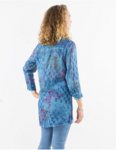 Lightweight long sleeve tunic with pleats in a romantic navy blue floral print