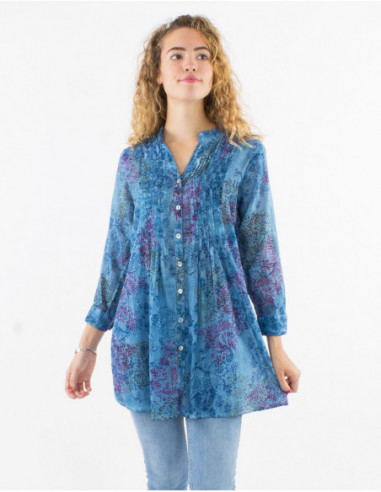 Transparent tunic for spring chic with romantic pattern small flowers navy blue
