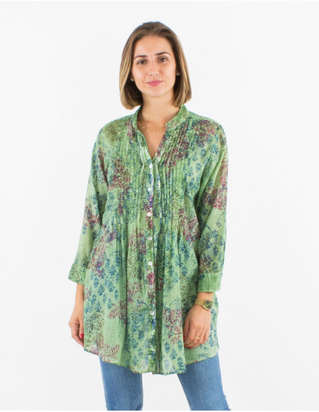 3/4 sleeves tunic romantic sheer for summer flowery green