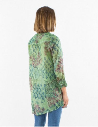 Lightweight long sleeve tunic with pleats in a romantic green floral print