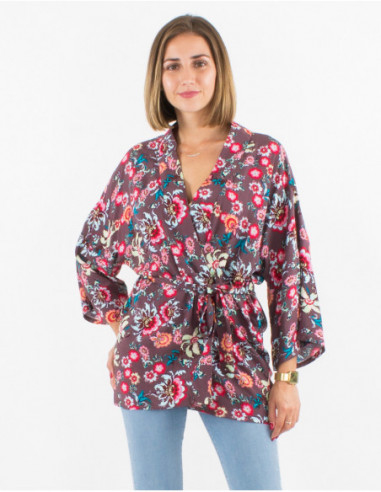 Feminine kimono tie jacket with bohemian chic print and big flowers in chocolate brown