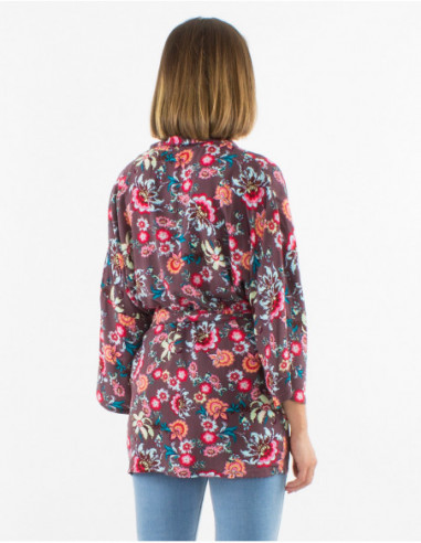 Veste kimono d'été avec lien à nouer confortable motif boho fleuri marron chocolat
