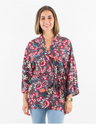 Lightweight summer jacket with heart-shaped tie and romantic chocolate boho print