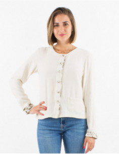 Veste avec lin chic pour femme unie basique avec boutons en tissus fleuri 2