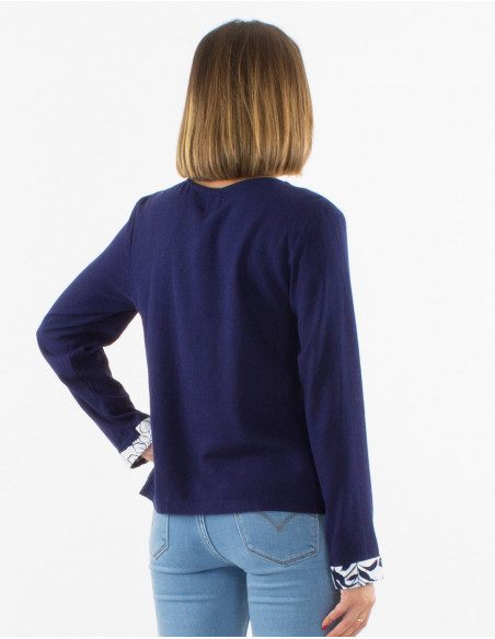 Short jacket for spring bohemian chic with navy blue linen and patch pockets