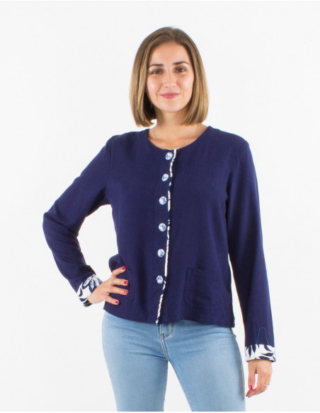 Veste avec lin chic pour femme unie basique bleu marine avec boutons en tissus fleuri