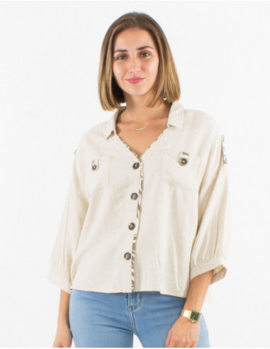 Original plain bohemian shirt jacket with flowery buttons for spring