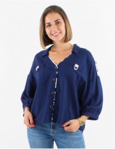Original plain bohemian navy blue shirt jacket with floral buttons for spring
