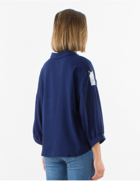 Veste bleu marine avec lin boutonnée bohème chic coupe large avec boutons effet bois