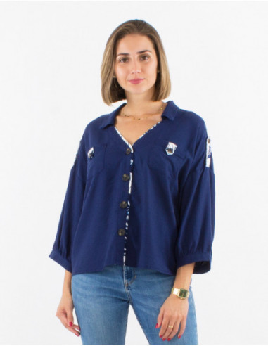 Women's basic navy blue short 3/4 sleeves light balloon jacket with linen for summer