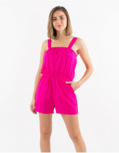 Basic pink short jumpsuit for women with buttons on the chest