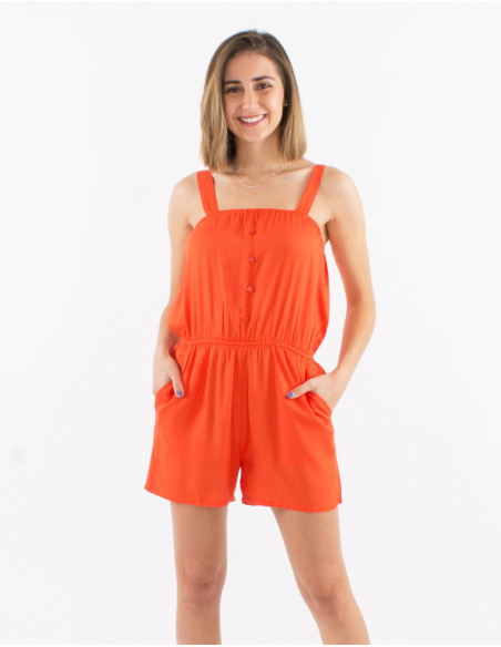 Combi short basique orange pour femme légère avec boutons sur la poitrine