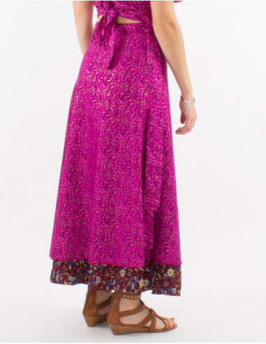 Jupe longue portefeuille originale motif arabesque rose fuchsia