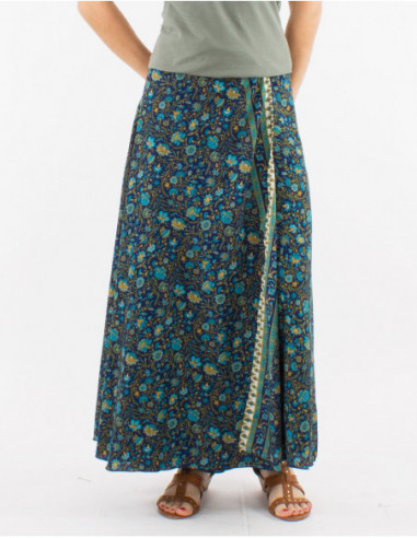 Long boho chic wrap skirt with blue floral print