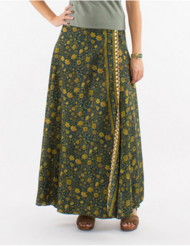 Long boho chic wrap skirt with green floral print