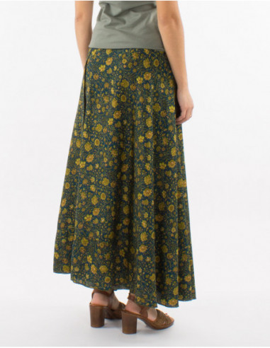 Romantic long wrap skirt for spring with navy blue pattern small flowers