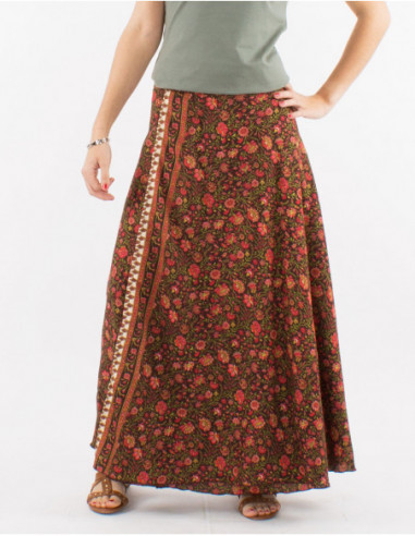 Long boho chic wrap skirt with black floral print