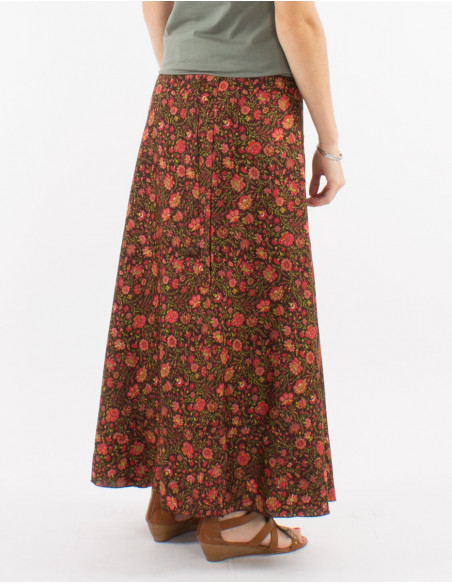 Romantic long wrap skirt for spring with black0 pattern small flowers