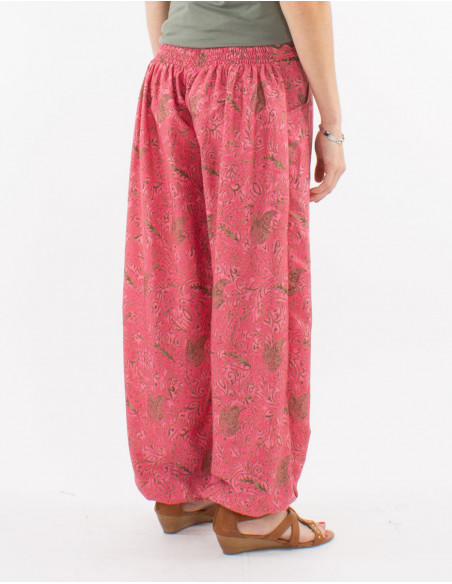 Pantalon large baba cool femme motif cachemire rose corail