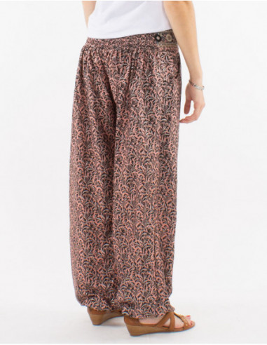 Pantalon confortable fluide baba cool à motif fleuri rose saumon