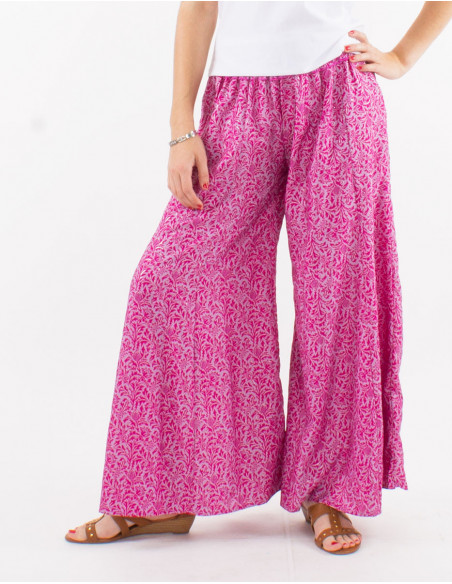 Pantalon large ceinture smock confortable imprimé boho rose saumon