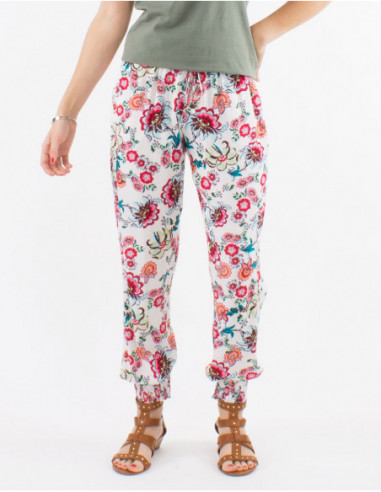 Chocolate white pants with comfortable elastics for women with large flowers boho chic