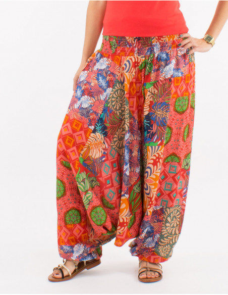 Lightweight women's low waist saroual in patchwork baba cool print cotton