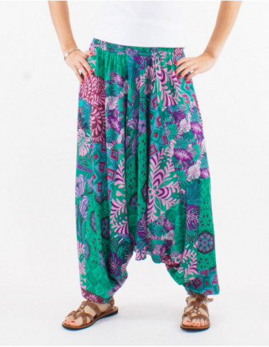Pantalon sarouel fourche basse baba cool motif patchwork ethnique vert menthe