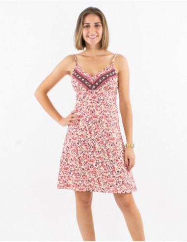 Basic short dress for women with fresh purple floral pattern
