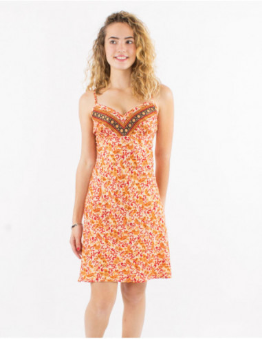 Basic short dress for women with fresh orange floral pattern