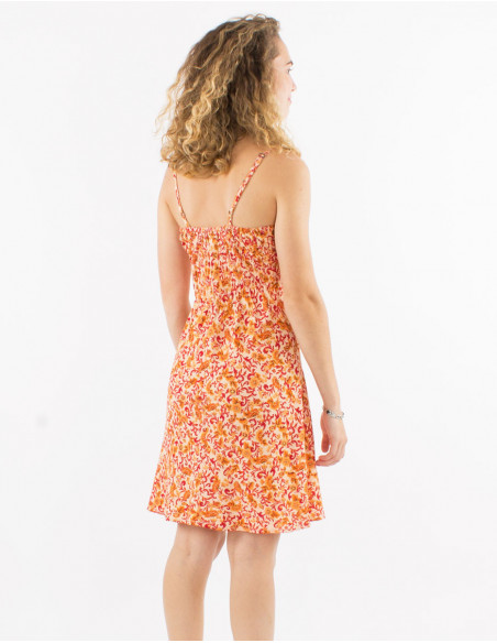 Lightweight basic summer V-neck dress with bohemian pattern and small red flowers