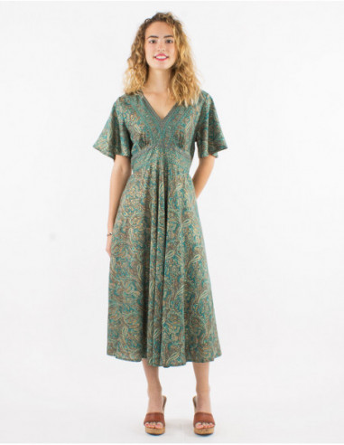Midi dress with flared sleeves and boho paisley print brown taupe