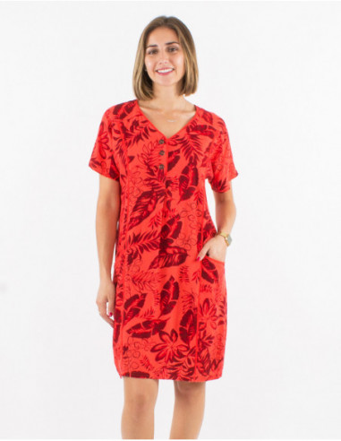 Robe courte droite chic pour le printemps avec lin et motif feuilles orange corail