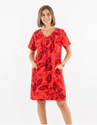 Robe courte chic coupe droite avec col V avec lin et imprimé romantique orange corail