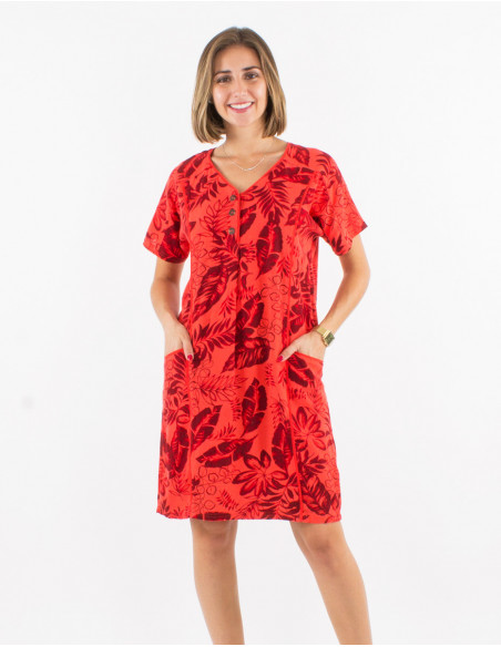 Chic short V-neck dress with linen and romantic coral orange print