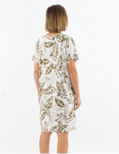 Robe mi longue chic féminine pour le printemps à imprimé grosses feuilles vert kaki