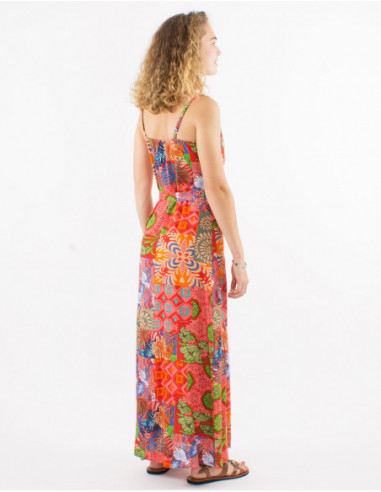 Robe longue à boutons originale style baba cool pour femme motif patchwork ethnique rose corail