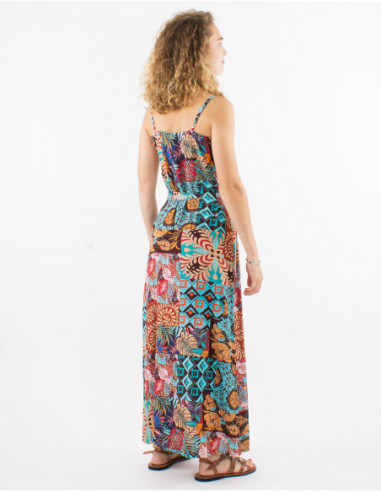 Robe longue à boutons originale style baba cool pour femme motif patchwork ethnique marron