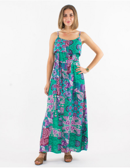 Robe longue légère baba cool bariolé pour femme à imprimé patchwork vert menthe