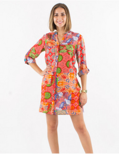 Short shirt dress with 3/4 sleeves printed baba cool patchwork orange coral