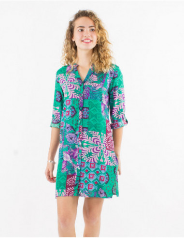 Robe courte chemise à manches 3/4 imprimé baba cool patchwork vert menthe