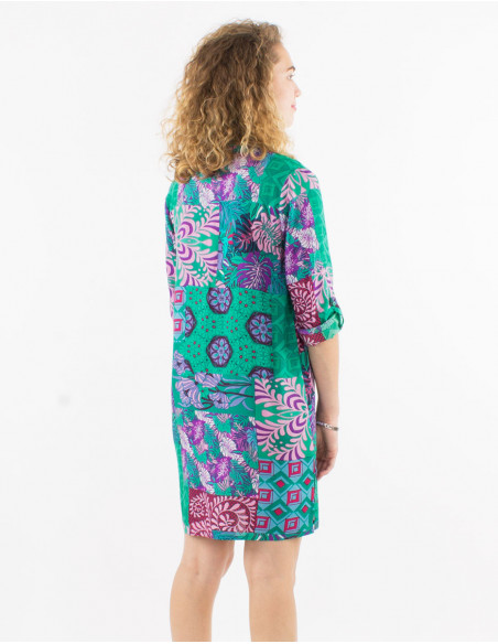 Robe courte à boutons fluide baba cool à imprimé patchwork original vert menthe