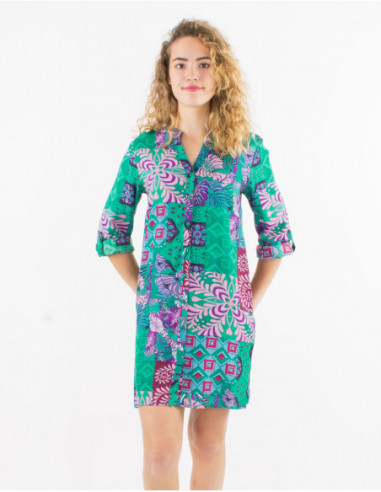 Robe courte boutonnée manches 3/4 originale pour le printemps à motif patchwork baba cool vert menthe