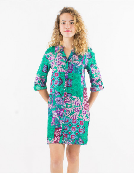 Robe courte boutonnée manches 3/4 originale pour le printemps à motif patchwork baba cool vert menthe