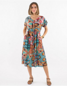 Robe midi chic femme originale avec boutons patchwork baba cool