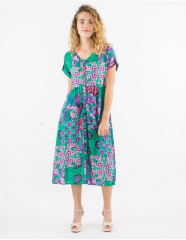 Robe mi longue cintrée avec manches courtes baba cool estivale motif patchwork vert menthe