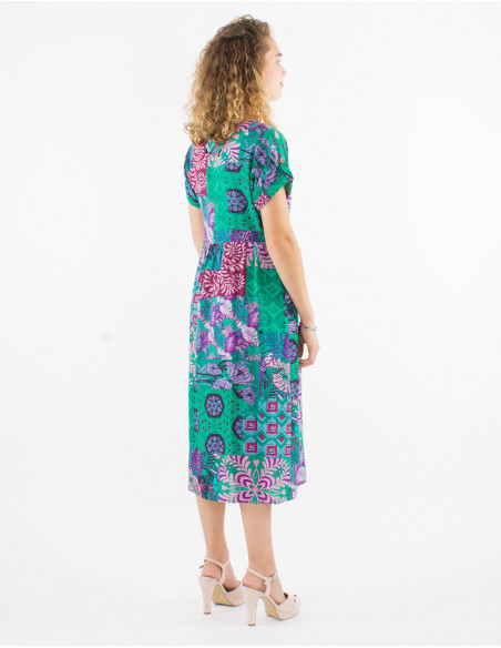 Robe midi chic baba cool cintrée à imprimé patchwork original vert menthe