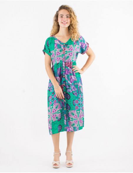 Original chic women's midi dress with mint blue baba cool patchwork buttons