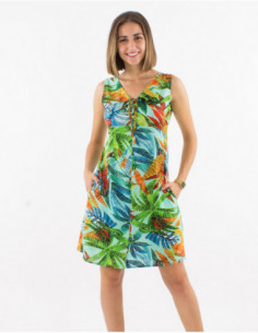 Short flared dress in original baba cool cotton with colored leaves
