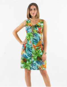 Robe courte évasée en coton baba cool originale à motif feuilles 2